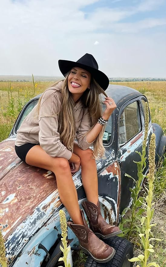 Women's Western Cowboy Hat - Studded Pinched Crown Fedora with Adjustable Buckle Belt, Wide Brim Sun Hat for Cowgirl, Rodeo, Country Music & Outdoor Fashion