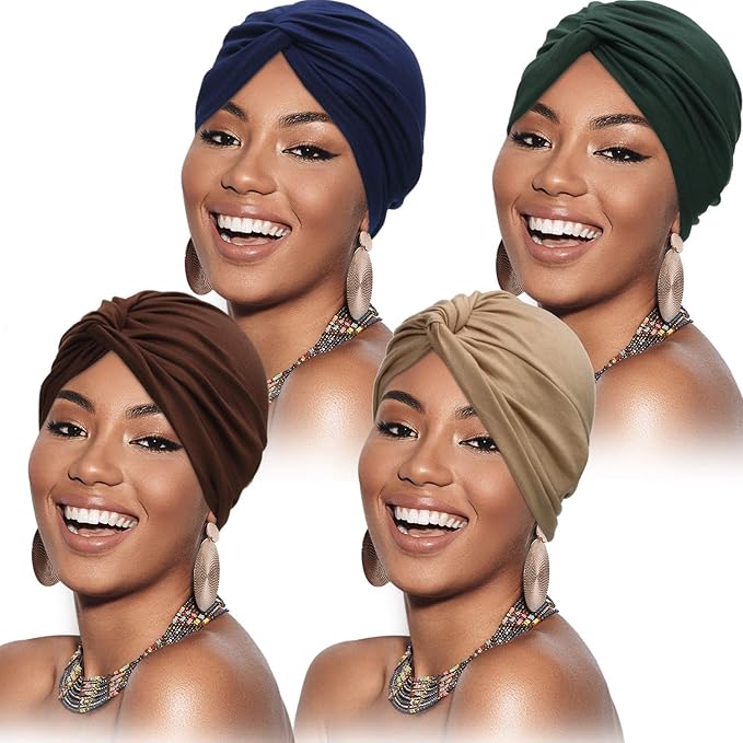 4-Pack Women's Fashion Turbans - Soft Pre-Tied Knot Headwraps, Breathable Chemo Cancer Hats for Sleeping, Stretchy Pleated Head Cover in 4 Colors