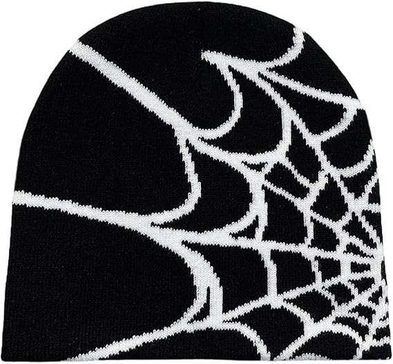 Y2K Gothic Spider Web Knit Beanie - Wool Acrylic Blend Unisex Winter Skull Cap, Punk Streetwear Hat for Men & Women
