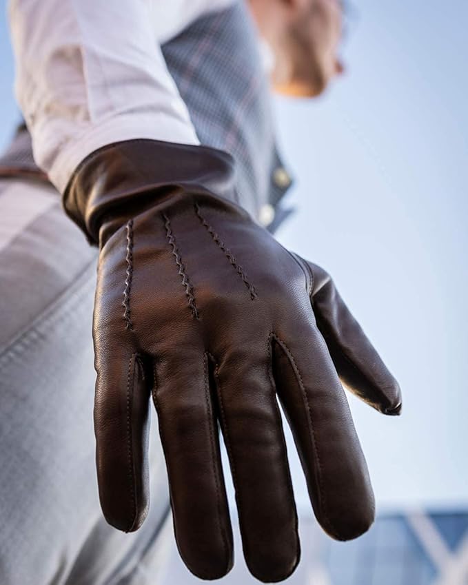 Men's Leather Driving Gloves - Winter Sheepskin Lined with Cashmere, Cold Weather Touchscreen Gloves