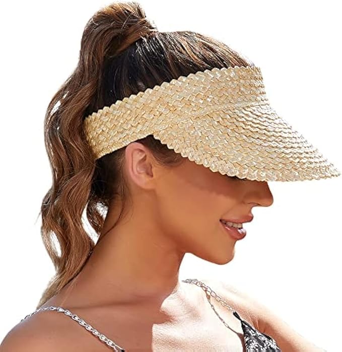 Women's Straw Sun Hat & Visor - Handmade Wide Brim UPF 50+ Sun Protection, Packable Foldable Beach Hat for Summer, Lightweight Breathable Travel Hat for Gardening, VacationWomen's Straw Sun Hat & Visor - Handmade Wide Brim UPF 50+ Sun Protection, Packable
