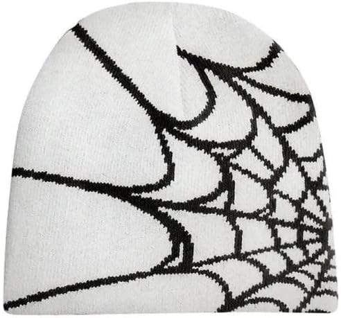Y2K Gothic Spider Web Knit Beanie - Wool Acrylic Blend Unisex Winter Skull Cap, Punk Streetwear Hat for Men & Women
