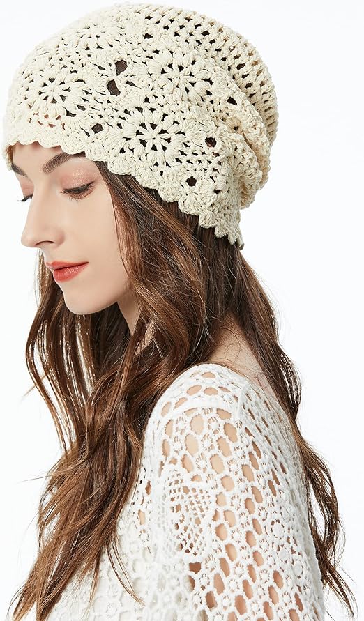 Women's Cotton Crochet Slouchy Beanie - Handmade Knit Skull Cap, Lightweight Breathable Summer Hat for Casual & Boho Style