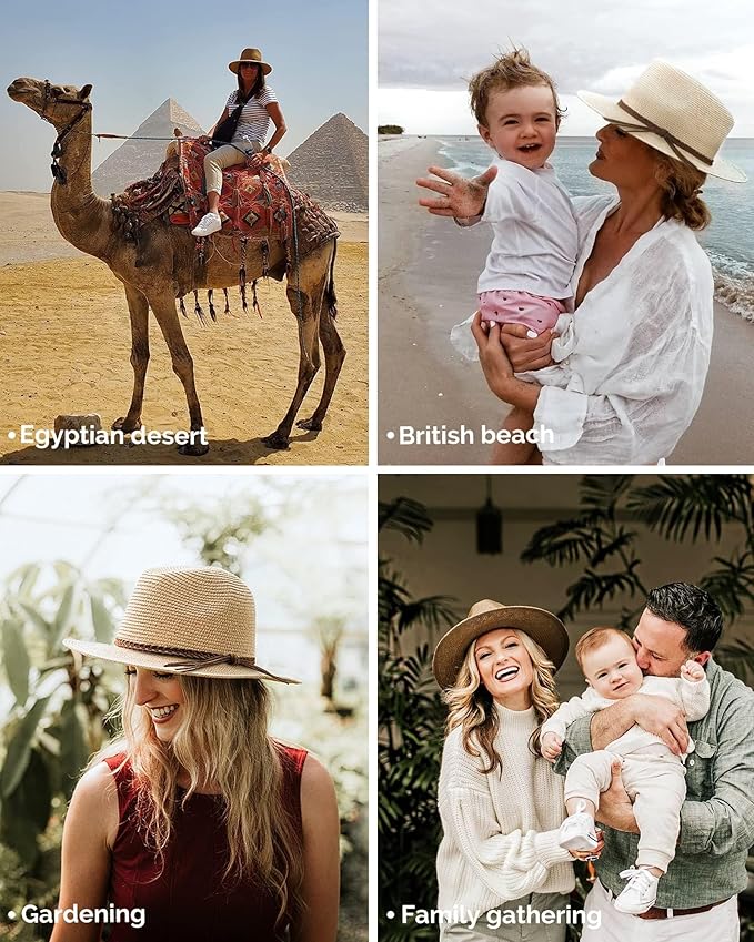 Women's UPF 80+ Wide Brim Sun Hat - Foldable Panama Straw Fedora for Summer, Beach & Travel, Lightweight Packable UV Protection Hat