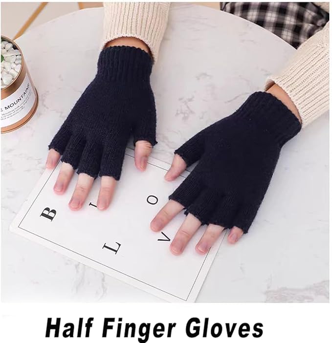2-Pack Touchscreen Half-Finger Gloves - Thermal Stretchy Mittens for Women & Men, Cold Weather Fingerless Gloves for Driving, Working & Writing (Black)