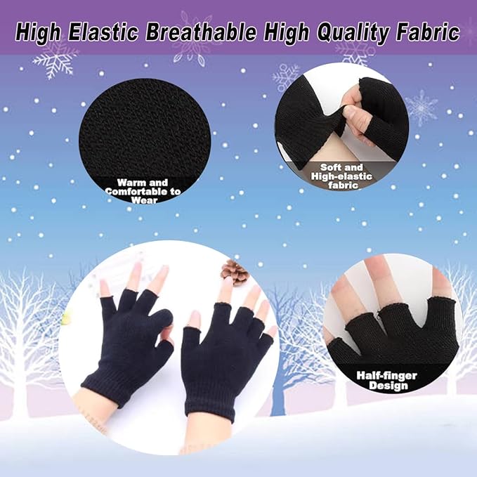 2-Pack Touchscreen Half-Finger Gloves - Thermal Stretchy Mittens for Women & Men, Cold Weather Fingerless Gloves for Driving, Working & Writing (Black)