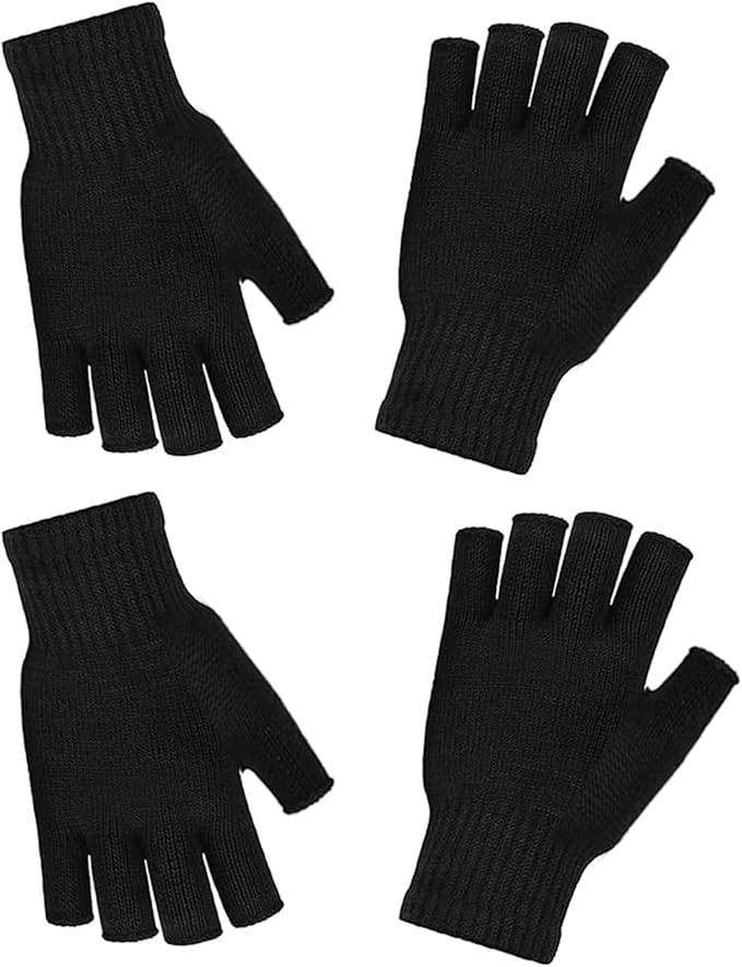 2-Pack Touchscreen Half-Finger Gloves - Thermal Stretchy Mittens for Women & Men, Cold Weather Fingerless Gloves for Driving, Working & Writing (Black)