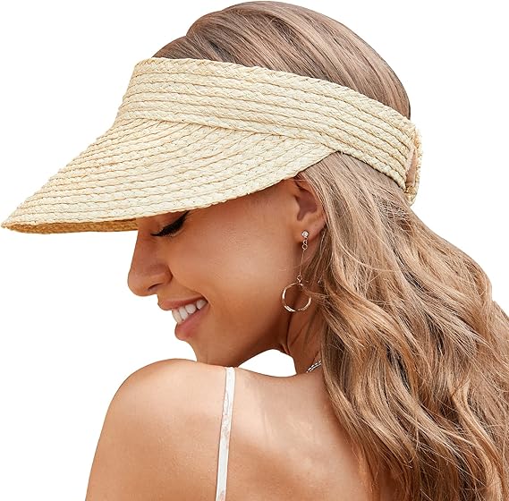 Women's Natural Straw Sun Hat, Visor for Women, Beach Hats for Women, 50 SPF Sun Protection, One Size Fits Most