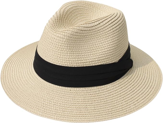 Women Wide Brim Straw Panama Roll up Hat Beach Sun Hat UPF50+