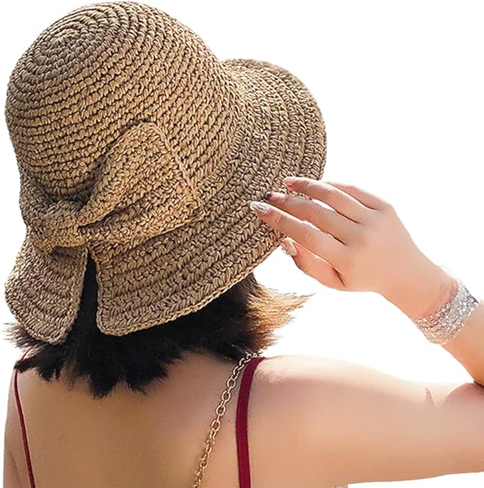 Foldable Wide Brim Floppy Straw Beach Sun Hat,Summer Cap with Bowknot for Women Girls,Strap Adjustable ﻿