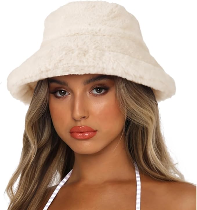 Winter Bucket Hat Fluffy Faux Fur Fisherman Cap for Women Men Solid Color Style