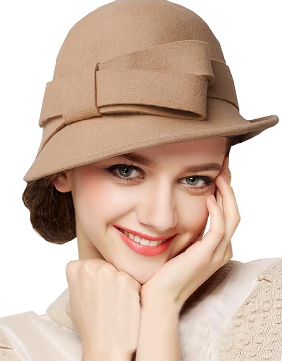 Women Solid Color Winter Hat 100% Wool Cloche Bucket with Bow Accent