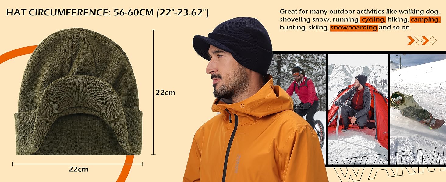 Men's Winter Beanie Hat with Brim Warm Double Knit Cuff Beanie Cap