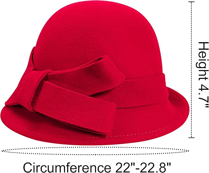 Women Solid Color Winter Hat 100% Wool Cloche Bucket with Bow Accent