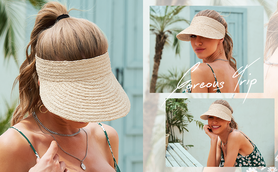 Women's Natural Straw Sun Hat, Visor for Women, Beach Hats for Women, 50 SPF Sun Protection, One Size Fits Most