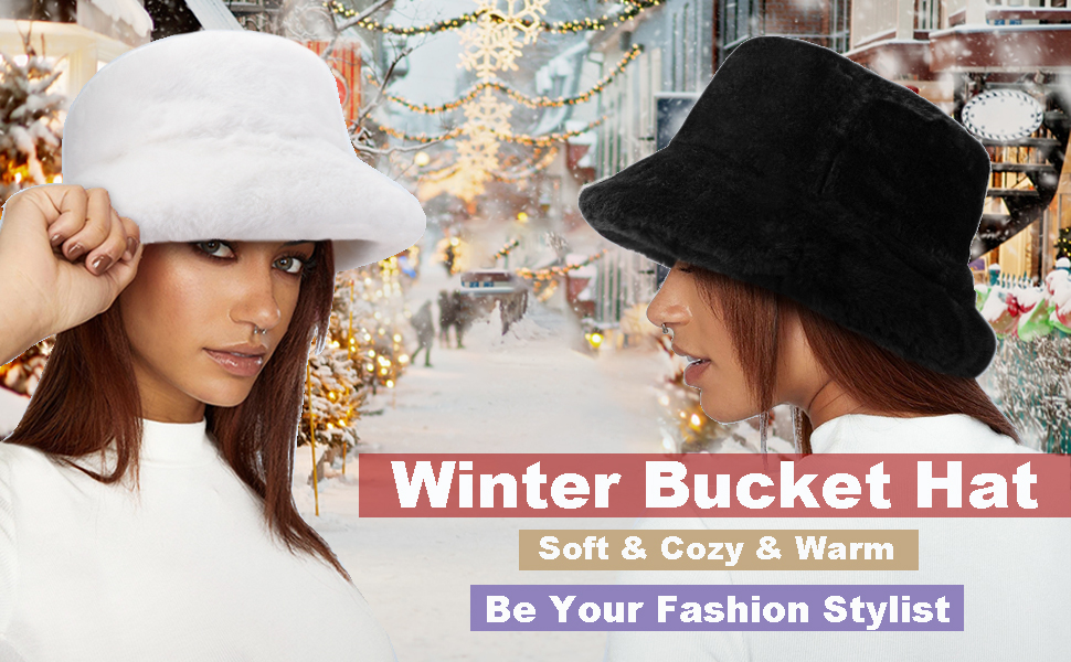 Winter Bucket Hat Fluffy Faux Fur Fisherman Cap for Women Men Solid Color Style