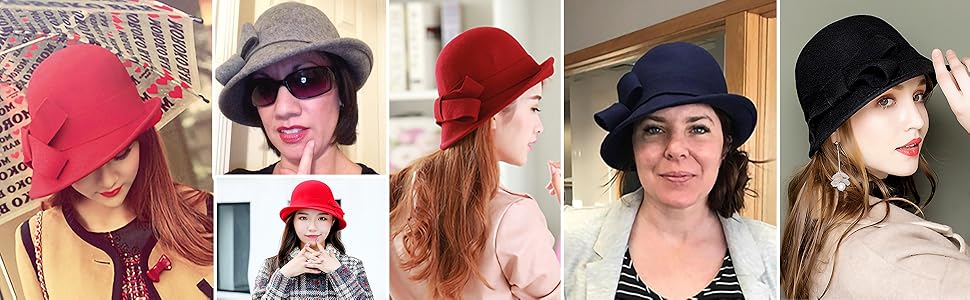 Women Solid Color Winter Hat 100% Wool Cloche Bucket with Bow Accent