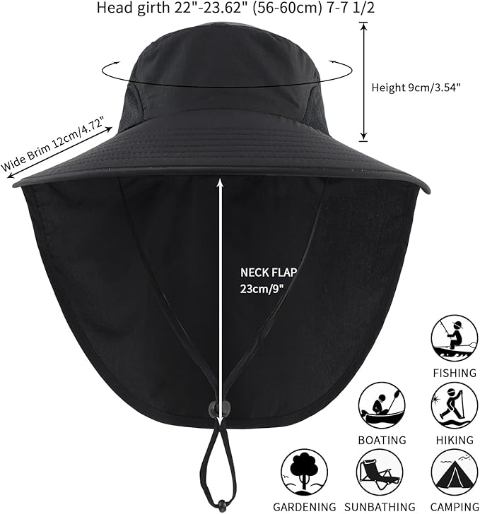 Outdoor UPF50+ Sun Hat Wide Brim Mesh Fishing Hat with Neck Flap