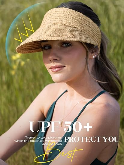 Women's Natural Straw Sun Hat, Visor for Women, Beach Hats for Women, 50 SPF Sun Protection, One Size Fits Most