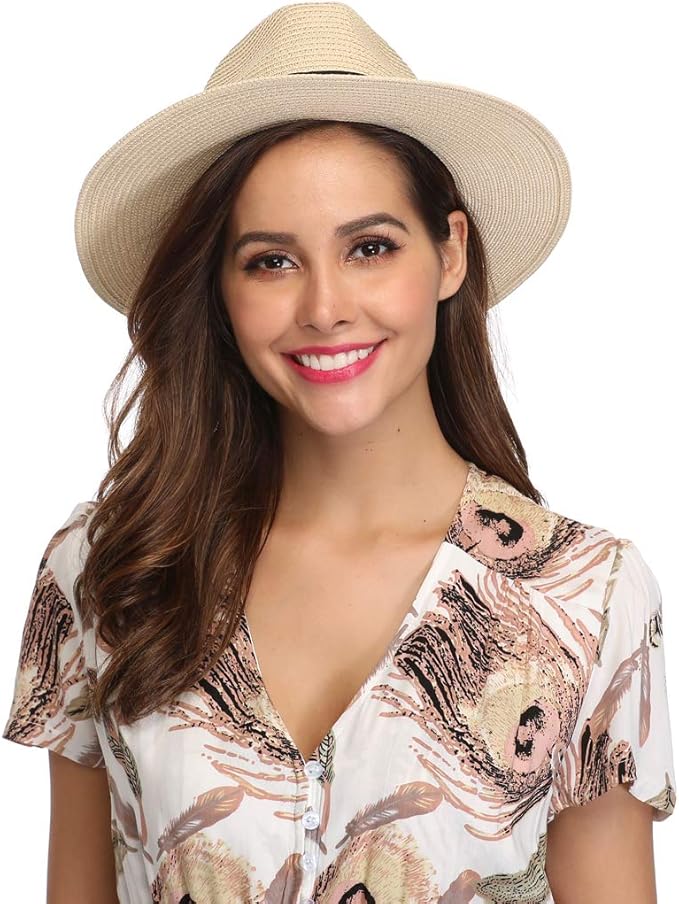 Women Wide Brim Straw Panama Roll up Hat Beach Sun Hat UPF50+