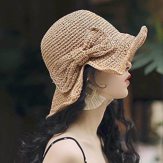Foldable Wide Brim Floppy Straw Beach Sun Hat,Summer Cap with Bowknot for Women Girls,Strap Adjustable ﻿