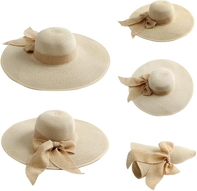 Womens 5.5 Inches Big Bowknot Straw Hat Large Floppy Foldable Roll up Beach Cap Sun Hat UPF 50+
