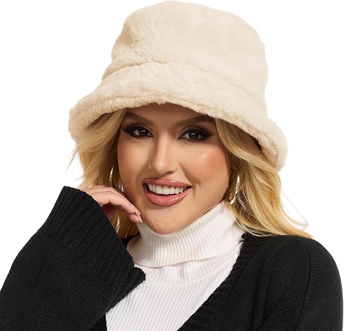 Winter Bucket Hat Fluffy Faux Fur Fisherman Cap for Women Men Solid Color Style