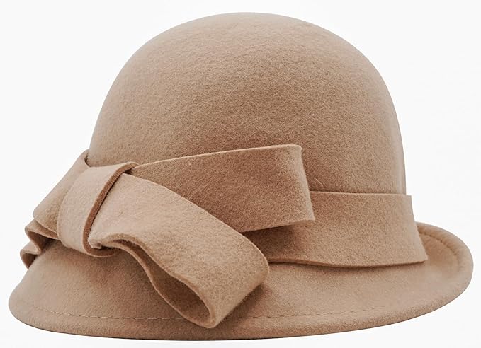 Women Solid Color Winter Hat 100% Wool Cloche Bucket with Bow Accent
