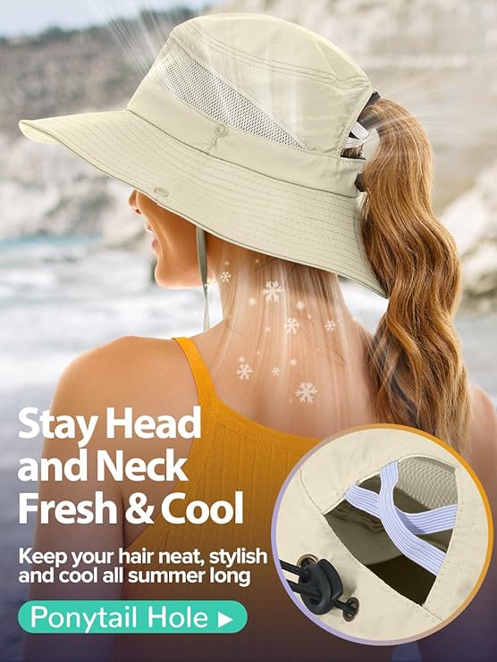 Sun Bucket Beach Hats for Women with Ponytail Hole,Sun Protection UV UPF50+ Waterproof Fishing Safari Hiking Hat