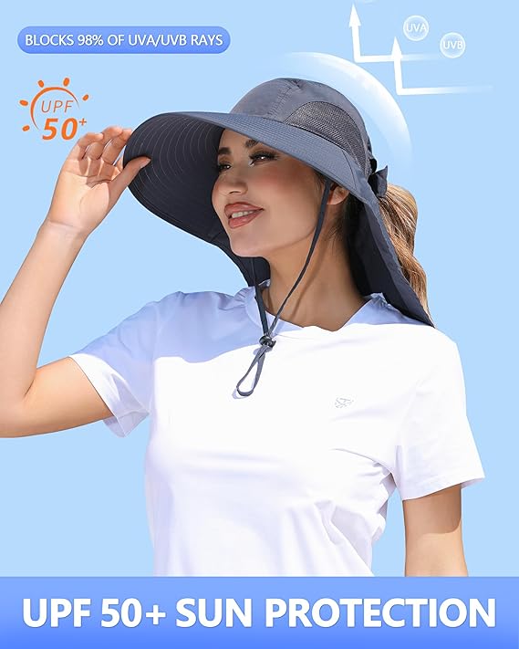 Womens Sun Hat Outdoor UV Protection Wide Brim Fishing Hat with Ponytail Hole Neck Flap for Beach Hiking Camping