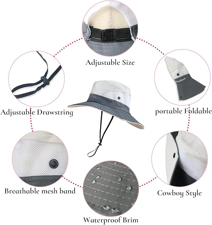 Ponytail Sun Bucket Hats for Women Men Wide Brim UPF 50+ Fishing & Beach Hats