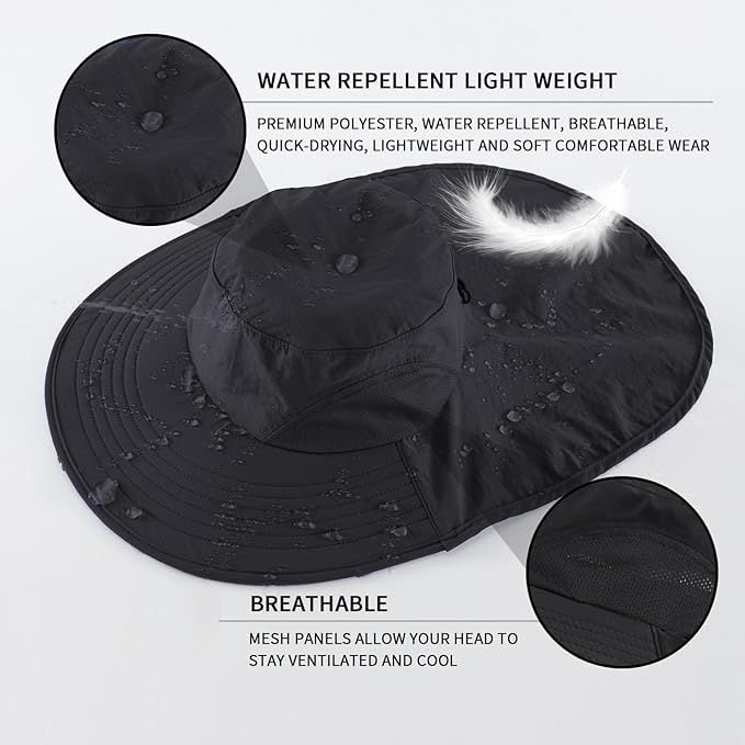 Outdoor UPF50+ Sun Hat Wide Brim Mesh Fishing Hat with Neck Flap