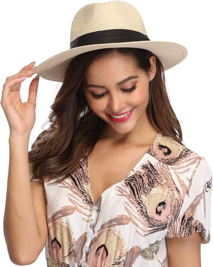 Women Wide Brim Straw Panama Roll up Hat Beach Sun Hat UPF50+