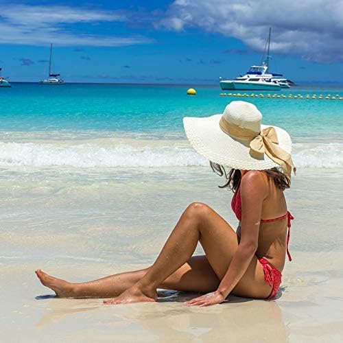 Womens 5.5 Inches Big Bowknot Straw Hat Large Floppy Foldable Roll up Beach Cap Sun Hat UPF 50+