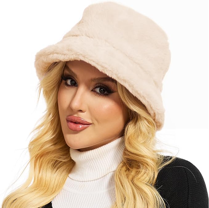 Winter Bucket Hat Fluffy Faux Fur Fisherman Cap for Women Men Solid Color Style