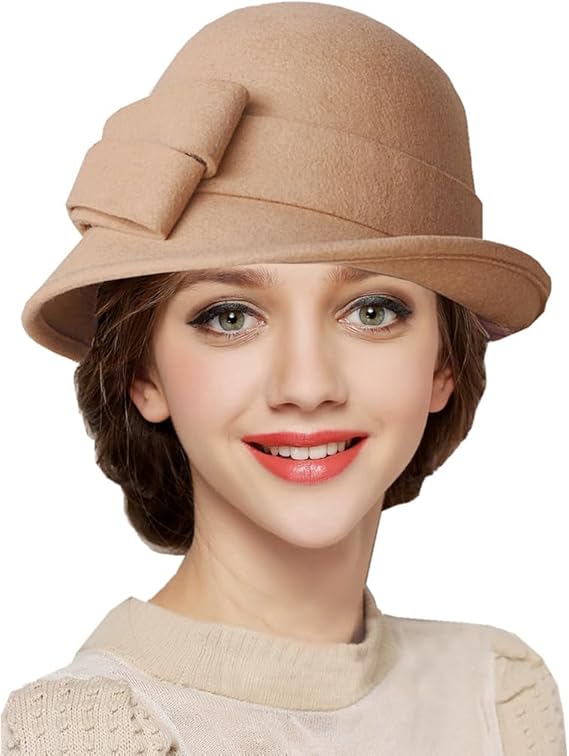 Women Solid Color Winter Hat 100% Wool Cloche Bucket with Bow Accent