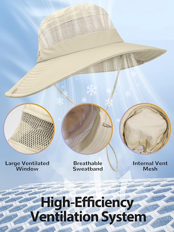 Sun Bucket Beach Hats for Women with Ponytail Hole,Sun Protection UV UPF50+ Waterproof Fishing Safari Hiking Hat