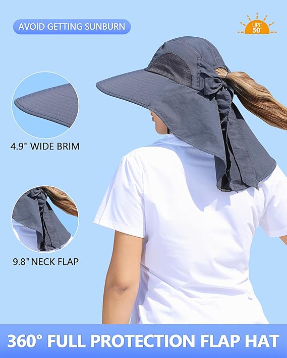 Womens Sun Hat Outdoor UV Protection Wide Brim Fishing Hat with Ponytail Hole Neck Flap for Beach Hiking Camping
