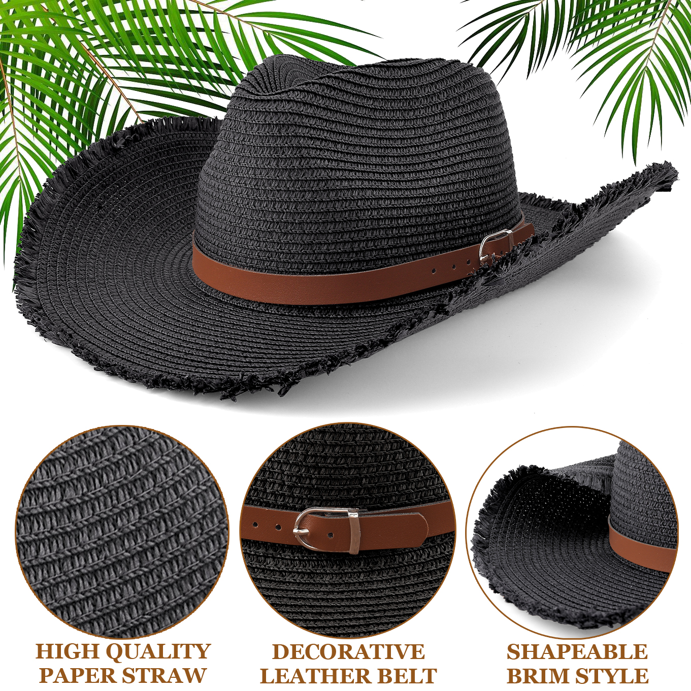 *Unisex Straw Cowboy Hat Cowgirl Hat, Shapeable Floppy Sun Hat Wide Birm Fedora Panama Hat for Men & Women.
