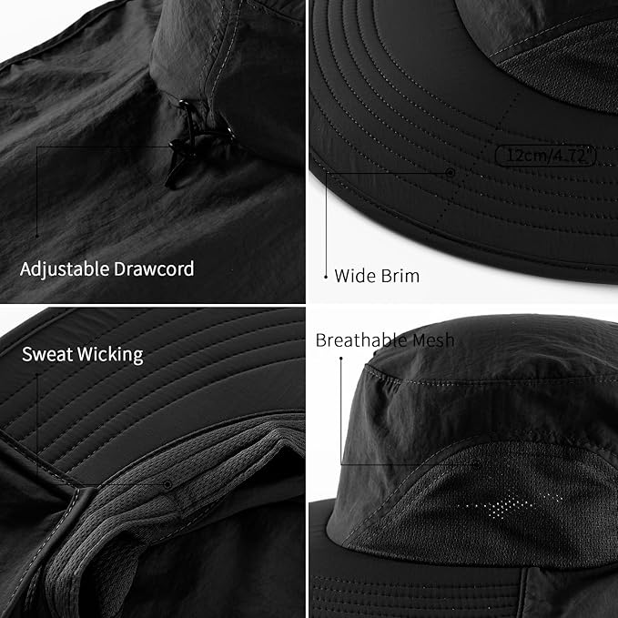 Outdoor UPF50+ Sun Hat Wide Brim Mesh Fishing Hat with Neck Flap