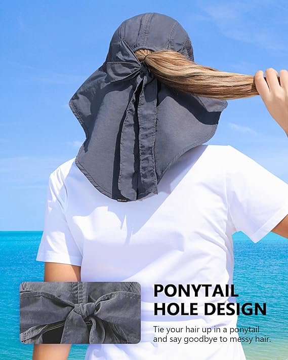 Womens Sun Hat Outdoor UV Protection Wide Brim Fishing Hat with Ponytail Hole Neck Flap for Beach Hiking Camping