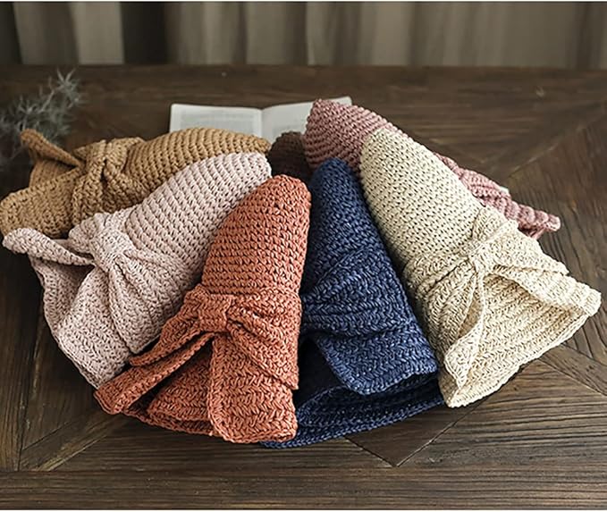 Foldable Wide Brim Floppy Straw Beach Sun Hat,Summer Cap with Bowknot for Women Girls,Strap Adjustable ﻿