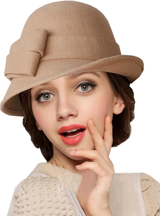 Women Solid Color Winter Hat 100% Wool Cloche Bucket with Bow Accent