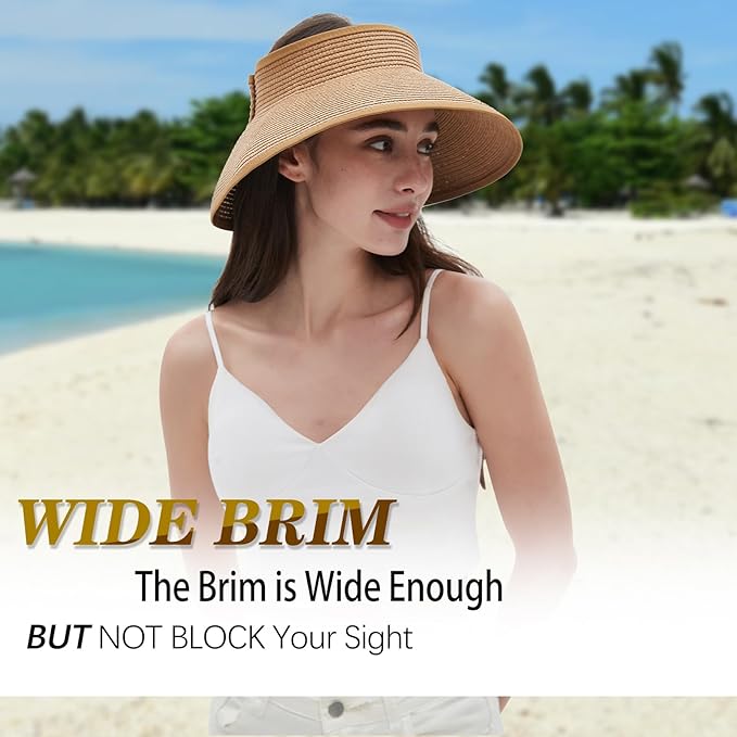 Women's Sun Visor Hats Wide Brim Straw Beach Hat Ponytail Hats for Women Foldable Floppy
