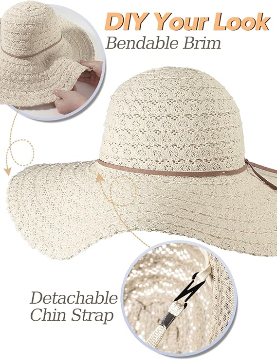 Sun Hat Womens, Beach Wide Brim Hats for Women, Summer Floppy Packable Lace Sun Beach Sunhat Women Foldable