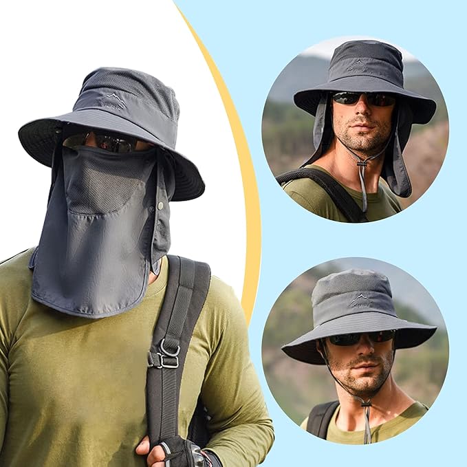 Fishing Hat for Men & Women, Outdoor UV Sun Protection Wide Brim Hat with Face Cover & Neck Flap
