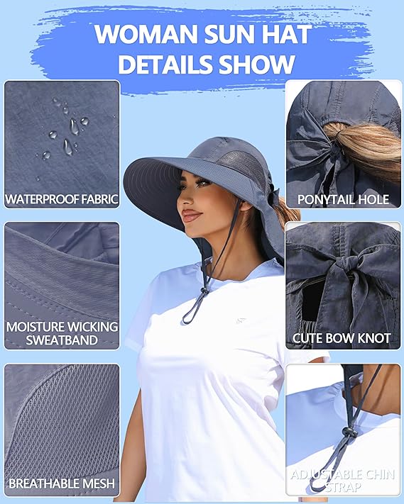 Womens Sun Hat Outdoor UV Protection Wide Brim Fishing Hat with Ponytail Hole Neck Flap for Beach Hiking Camping