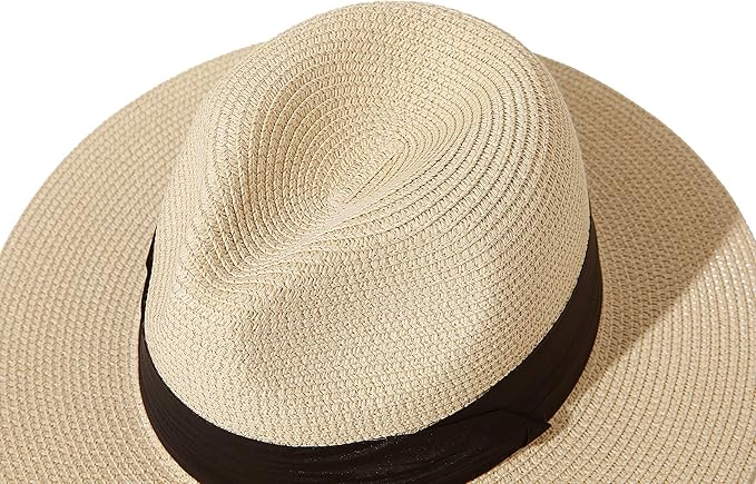 Women Wide Brim Straw Panama Roll up Hat Beach Sun Hat UPF50+