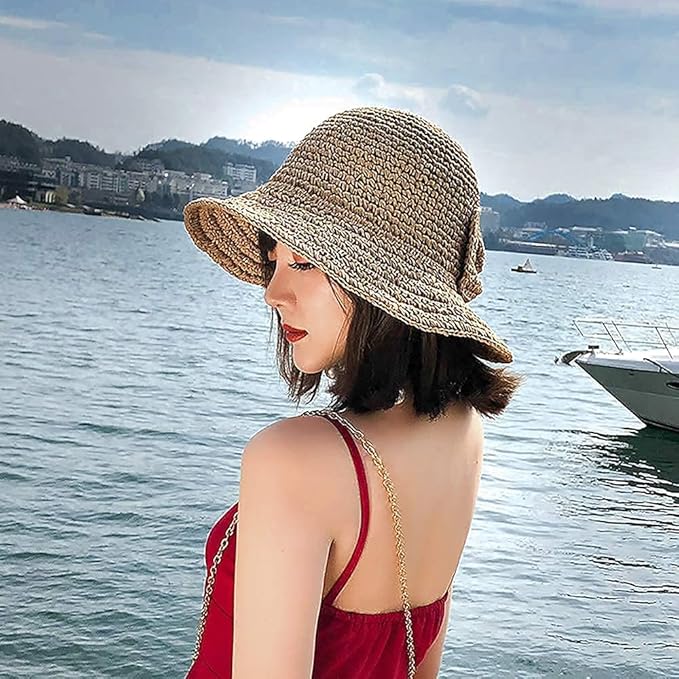 Foldable Wide Brim Floppy Straw Beach Sun Hat,Summer Cap with Bowknot for Women Girls,Strap Adjustable ﻿