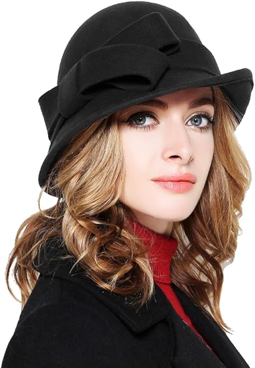 Women Solid Color Winter Hat 100% Wool Cloche Bucket with Bow Accent